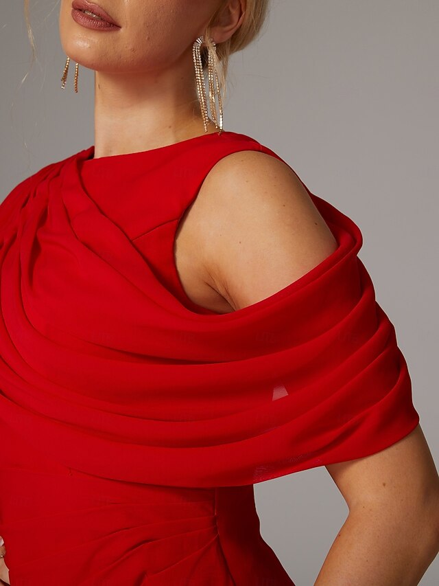 Sheath/Column Sweep/Brush Train Sleeveless Cowl Neck Prom Dress  Chiffon with Feather Ruched Slit