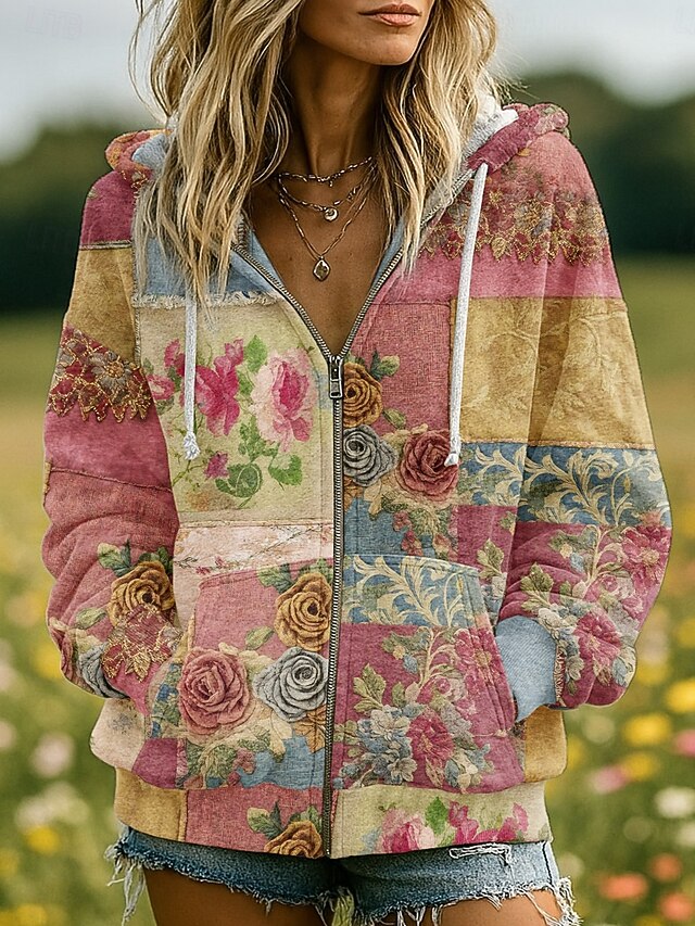 Women's 3D Print Zip Up Hoodies Floral Graphic Fashion Casual Boho Long ...