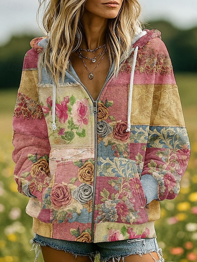 Women's 3D Print Zip Up Hoodies Floral Graphic Fashion Casual Boho Long ...
