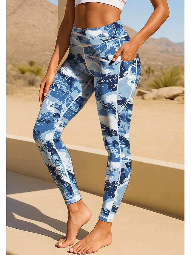 Women's pilates leggings fitness pants Gym Leggings Pockets Stamp Duty Side Pockets Pilates Gym Gym Workout Pants Tights Leggings Graphic Abstract Geometry Blue and White Sports Activewear Stretchy4