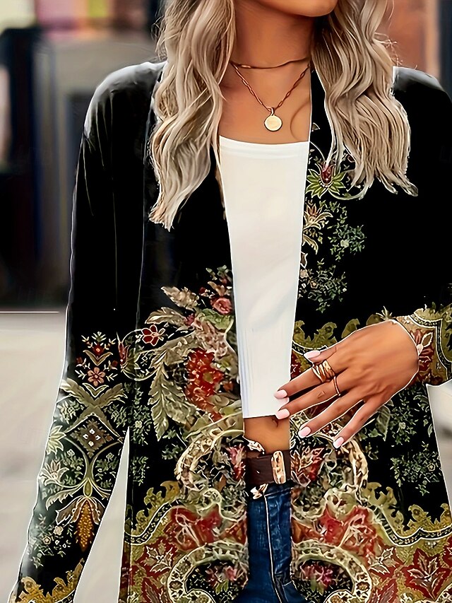 Women's Trench Coat Comfortable Breathable Print Open Front Vintage Daily Retro Casual Floral Vacation Street Casual Daily Wear Open Front Long Collarless Regular Fit Long Sleeve Outerwear Black4