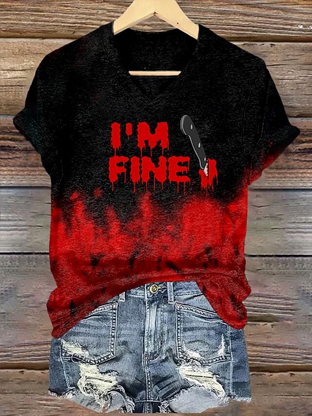 Halloween Women's T Shirt Ombre Graphic Letter Vintage Stylish Classic Short Sleeve Crew Neck V Neck Round Neck Regular Tops Daily Weekend Print Red Orange Green Summer Fall Winter4