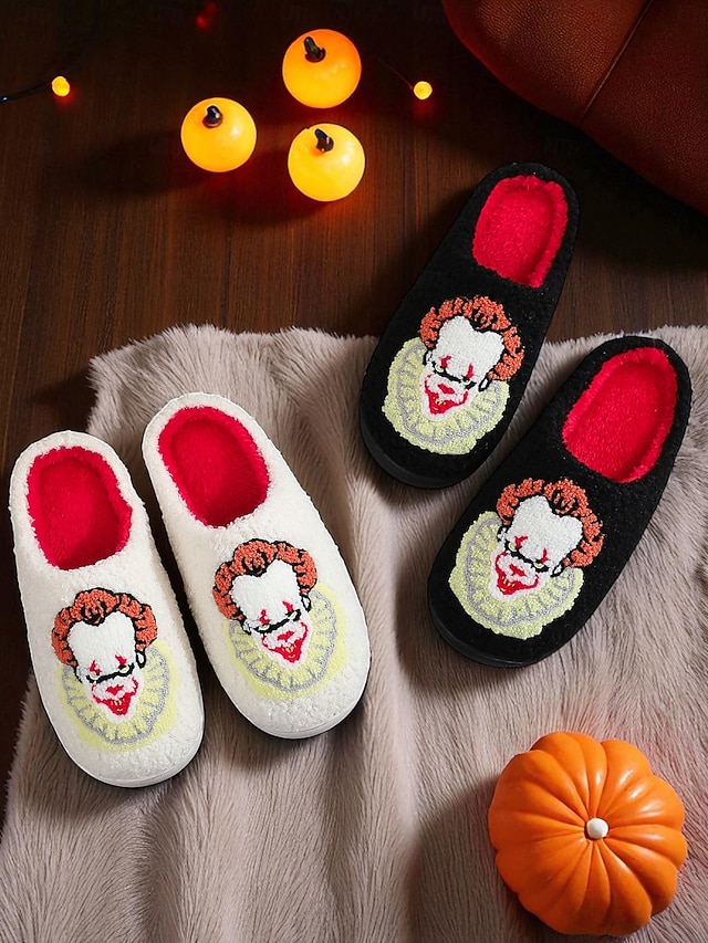  pantofole unisex da clown horror pelose con fodera in peluche rosso - comode scarpe da interno per Halloween, per feste in maschera spaventose e appassionati di film horror