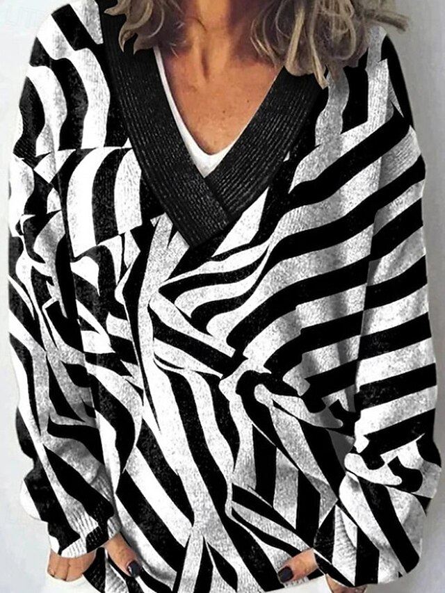 Women's Sweater Fashion Color Block Ribbed V Neck Knitted Long Sleeve Regular Tops Knit Holiday Going out Weekend Black Fall4