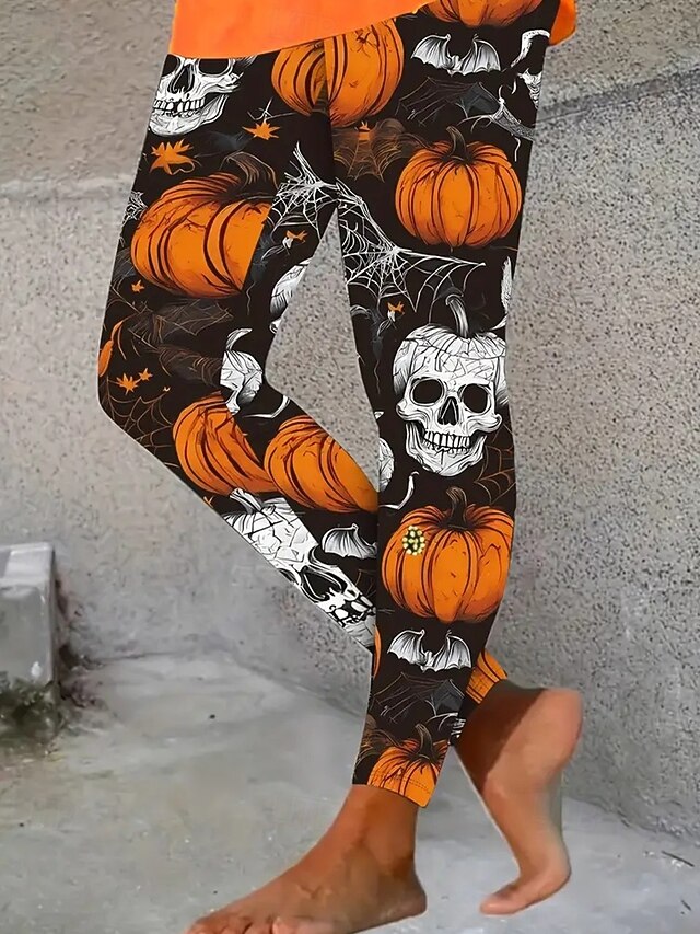 Women's Pants Trousers Leggings Cozy Leggings Streetwear Casual Full Length High WaistPantsHalloween Skull Pumpkin Elastic Waist Print Breathability Comfortable Stretchy Vacation Street Daily Wear4
