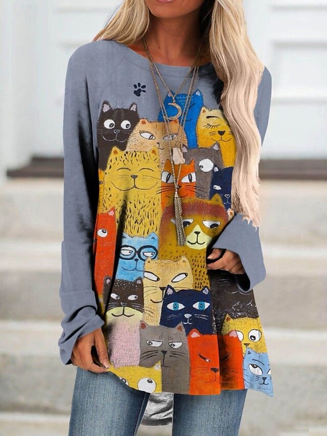 Women's T shirt Long Sleeve Graphic Animal Vintage Stylish Classic Long Sleeve Crew Neck Round Neck Regular Tops Daily Print White Red Blue Spring Fall Prefall4