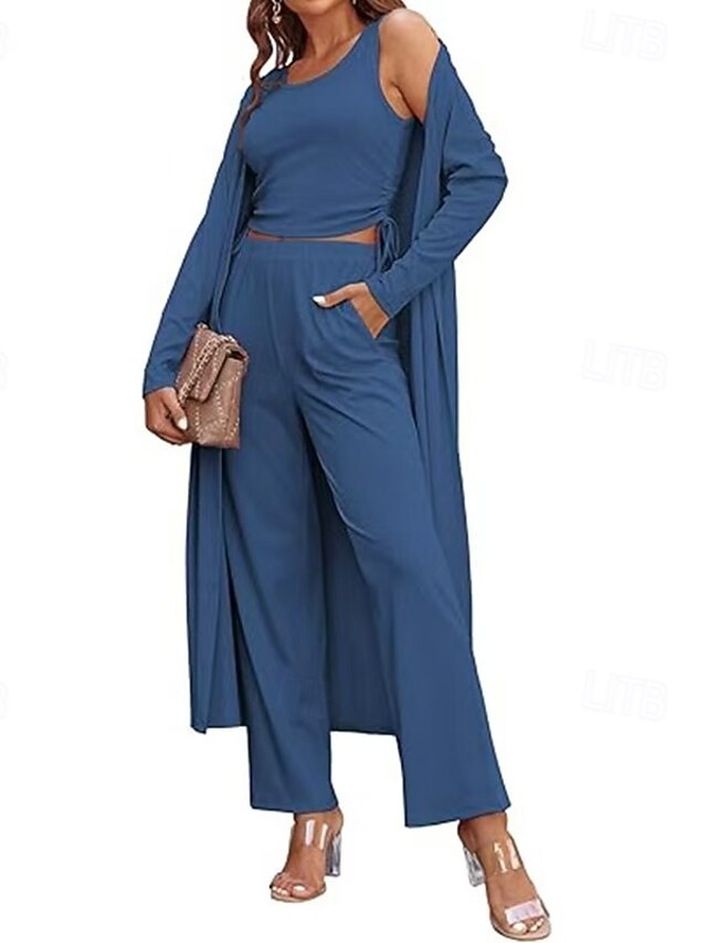  Mulheres Moda Conjuntos de duas peças Manga Longa Decote Redondo Com Cordão Franzido Casual Diário clarete Rosa Azul Marinha Primavera Normal