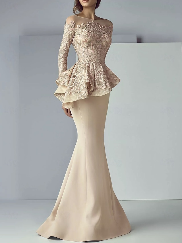  Mermaid Mother of the Bride Dress Formal Wedding Guest Elegant Scoop Neck Floor Length Lace Stretch Fabric Long Sleeve with Ruffles Appliques
