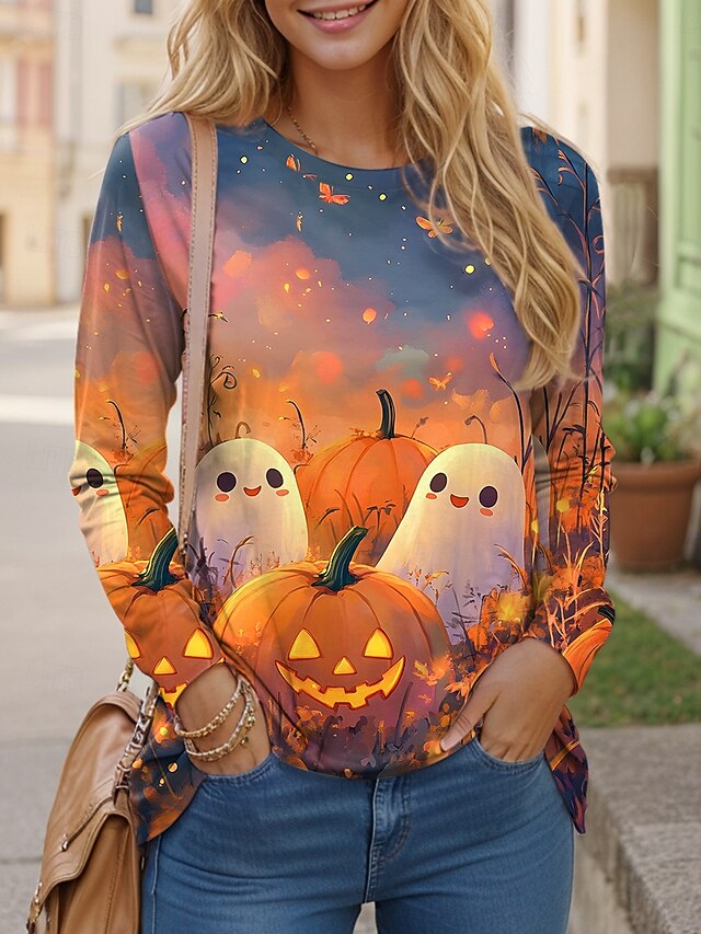 Halloween Women's T shirt Pumpkin Long Sleeve Graphic Ghost Vintage Fashion Casual Long Sleeve Crew Neck Regular Tops Daily Print Yellow Purple Orange Fall Winter Prefall4