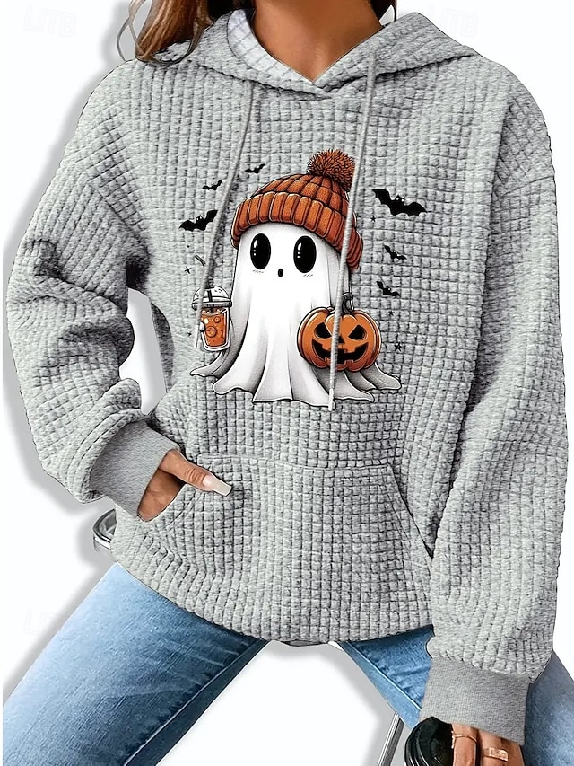  Sweatshirts à capuche Halloween pour femmes fantôme graphique citrouille décontractée à manches longues hauts réguliers streetwear quotidien avec poche imprimé noir rose bleu gris automne hiver