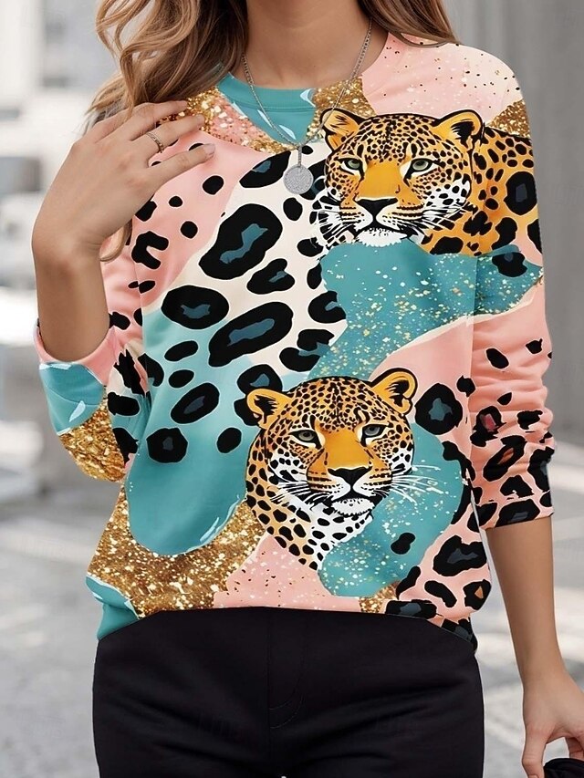 Women's Pullover Sweatshirts Animal Leopard Active Cute Classic Long Sleeve Crew Neck Round Neck Regular Tops Home Work Dailywear Print Pink Summer Spring Fall Spring, Fall, Winter, Summer4