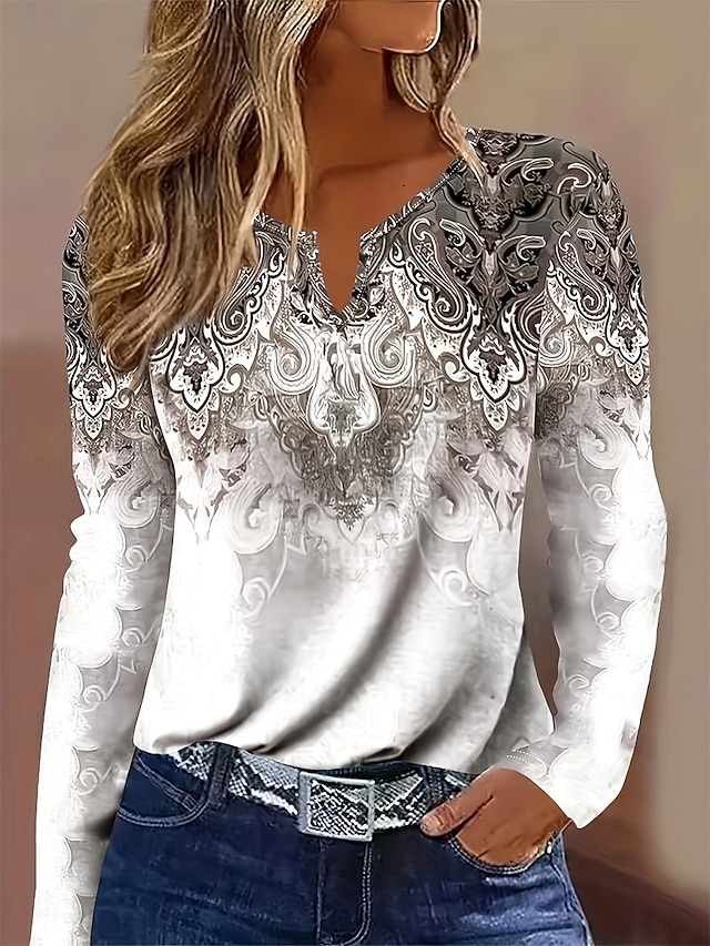  Femmes T-shirt Graphique Plantes Tribal ancien Élégant Classique manche longue Col en V Encolure en V Hauts Réguliers Quotidien Week-end Imprimé Gris Clair Printemps Automne Hiver