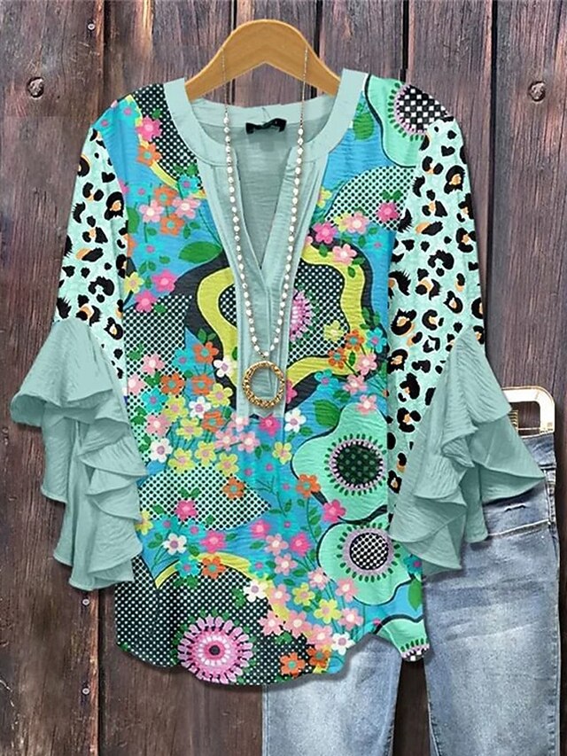 Women's T Shirt Floral Fashion Modern 3/4 Length Sleeve V Neck Regular Tops Daily Ruffle Print Green Summer4