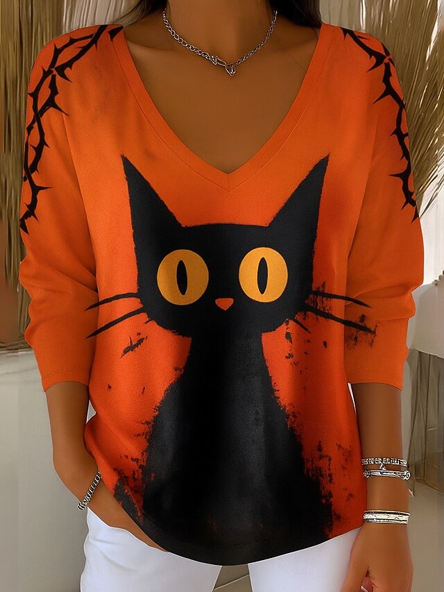 Halloween Women's Blouse Cat Vintage Stylish Classic Long Sleeve V Neck Regular Tops Daily Print Orange Fall Winter4