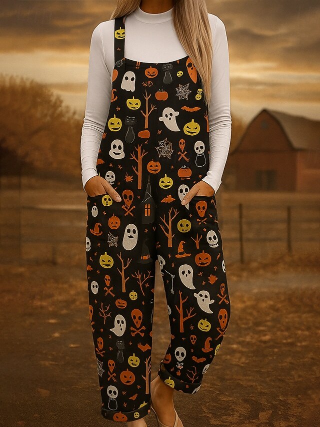 Halloween 100% Cotton Women's Overall Lightweight Floral Ghost Sleeveless Straight Round Neck Pocket Vacation Daily Loose Fit Black White Orange Summer4