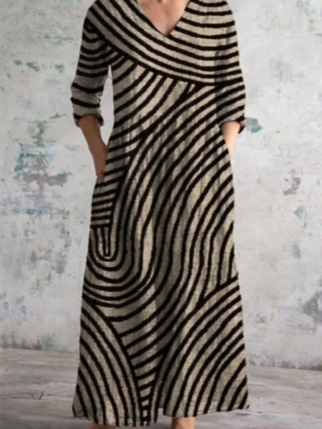 Women's Maxi Dress A Line Dress Casual Daily Regular Fit Floral 3/4 Length Sleeve V Neck Blue Green Apricot Beige Summer Spring Fall4