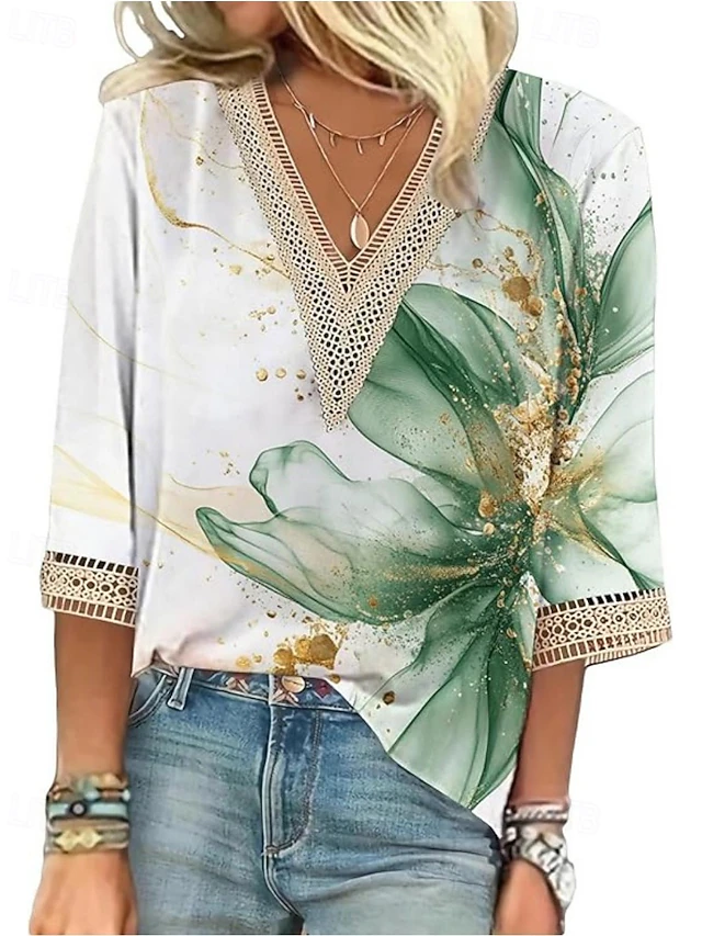 Women's Lace Shirt Blouse Flower Modern Casual 3/4 Length Sleeve V Neck Regular Tops Daily Holiday Lace Print Green Fall4