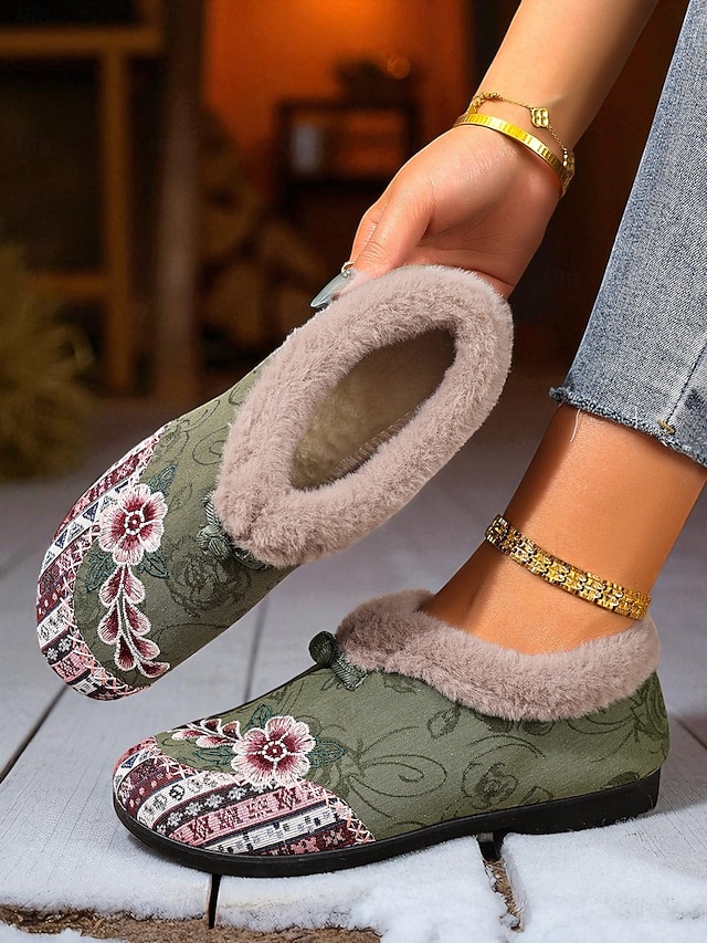  scarpe slip-on da donna con fodera in pelliccia ricamata rossa e motivo floreale, calde scarpe invernali per Natale, periodo festivo e abbigliamento casual