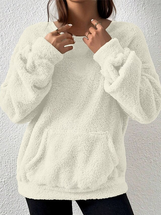 Women's Hoodies Plain Streetwear Casual Long Sleeve Crew Neck Regular Tops Street Holiday Pocket White Fall Winter4