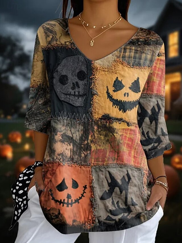 Halloween Women's Blouse Skull Daily Casual 3/4 Length Sleeve V Neck Regular Tops Daily Holiday Print Khaki Summer Spring Fall4