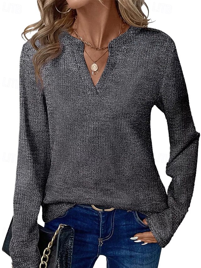 Women's Sweater Pullover Fashion Solid Color Ribbed V Neck Knitted Long Sleeve Regular Tops Knit Holiday Going out Weekend Gray Fall4