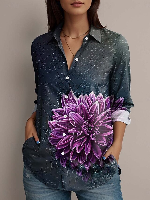 Dakota Daetwiler by Women's Shirt Floral Graphic Daily Stylish Business Long Sleeve Shirt Collar Regular Tops Work Daily Formal Wear Buttons Print Black Spring Fall4