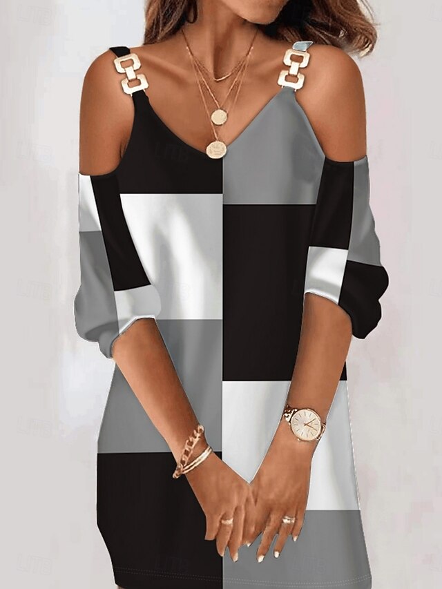 Women's Mini Dress Casual Dress Winter Dress Shift Dress Fashion Modern Daily Beach Weekend Regular Fit Plaid Long Sleeve V Neck Grey Summer Spring Fall Autumn4