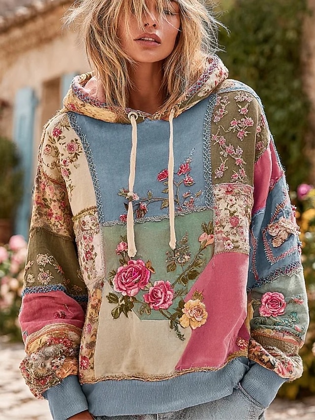  Kvinners 3D Print Hettegenser Pullover Sweatshirt Oversized Langermet Casual Grafikk Blomster Varm Aktiv Hette Vanlige Topper Gate Dagligbrus Lappeteppe Rosa Mørk Rosa Blå Lilla Grønn Vår Høst Vinter