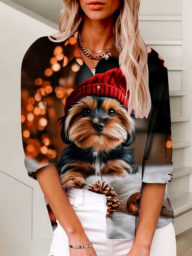 Women's Shirt Dog Active Daily Stylish Long Sleeve Shirt Collar Regular Tops Daily Holiday Buttons Print Black Summer Spring Fall4