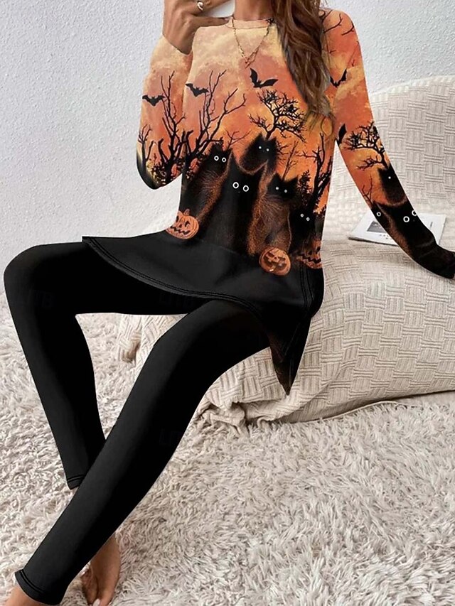 Halloween Women's Elegant Vacation Daily T Shirt Pants Sets Long Sleeve Round Neck Floral Graphic Animal Print Casual Daily Orange Summer Regular Fit4