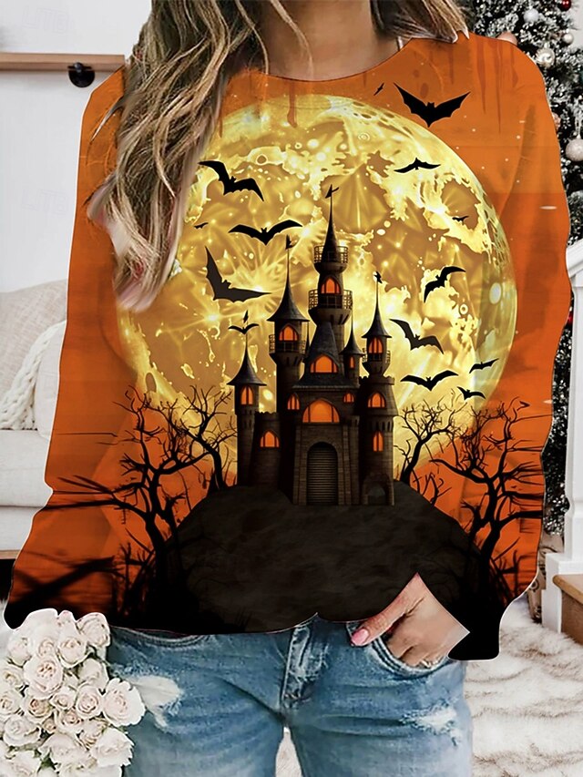 Halloween Women's Pullover Sweatshirt Hoodies Castle Graphic Fashion Casual Long Sleeve Crew Neck Round Neck Regular Tops Street Dailywear Print Blue Orange Green Spring Fall Winter4