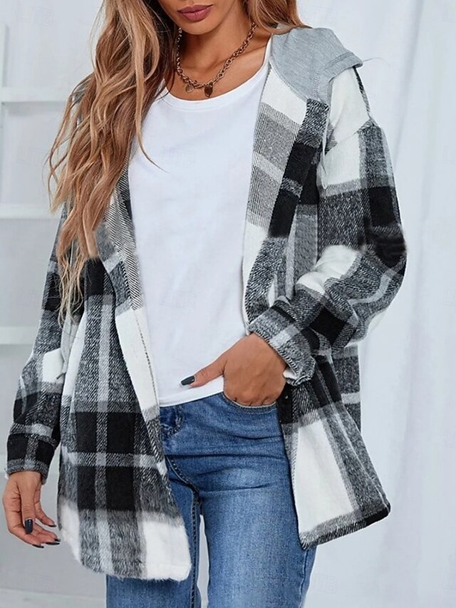  Femmes Veste Décontractée Veste à Capuche Confortable Respirant Boutons Imprimé Occasionnel Plaid Vacances Rue Occasionnel Tenue quotidienne Simple Boutonnage Régulier À capuche Coupe Ample manche