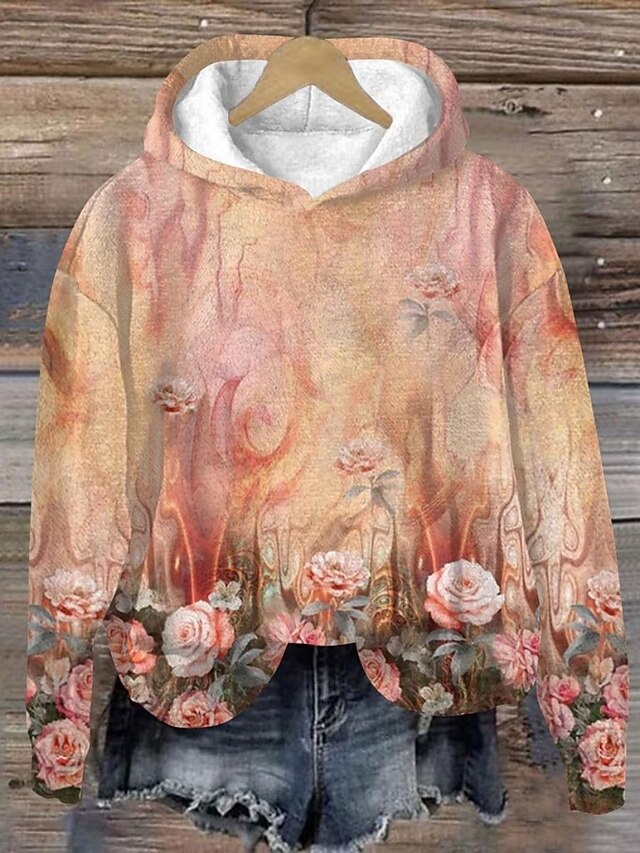 Women's Pullover Hoodie Sweatshirt Floral Streetwear Casual Long Sleeve Hooded Regular Tops Street Holiday Pocket Print Pink Wine Beige Fall Winter4