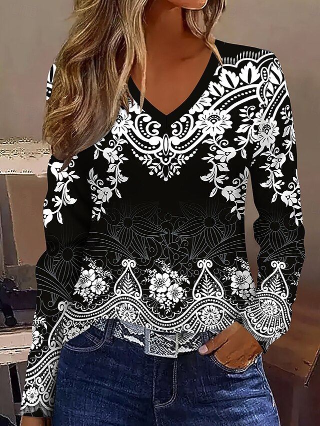 Women's T Shirt Graphic Plants Tribal Vintage Stylish Classic Long Sleeve V Neck Regular Tops Daily Print Black and White Spring Fall Winter4
