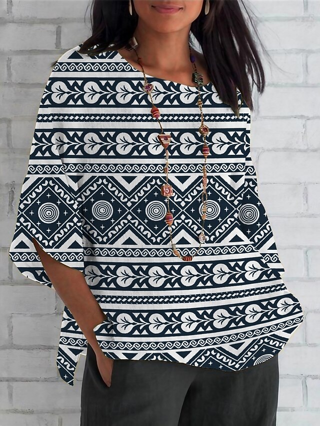 Women's Shirt Geometric Daily Casual 3/4 Length Sleeve Crew Neck Regular Tops Daily Holiday Print Black Summer Spring Fall4