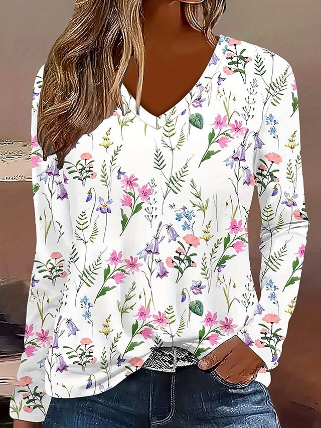 Easter Women's T Shirt Floral Graphic Plants Vintage Stylish Classic Long Sleeve V Neck Regular Tops Daily Print Pink Spring Fall Winter4