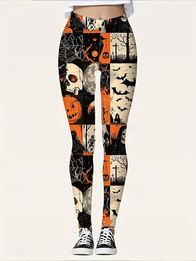 Women's Leggings Vacation Vintage Fashion Full Length High WaistPantsHalloween Graphic Skull Pumpkin Printing Soft Breathable Stretchy Outdoor Vacation Street Orange Spring Fall Winter Slim Fit4