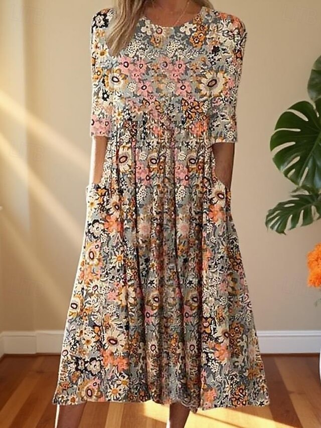 Women's Midi Dress Casual Dress Print Dress Basic Romantic Casual Vacation Daily Fall Dress Regular Fit Floral Graphic Half Sleeve Crew Neck Yellow Blue Orange Fall4