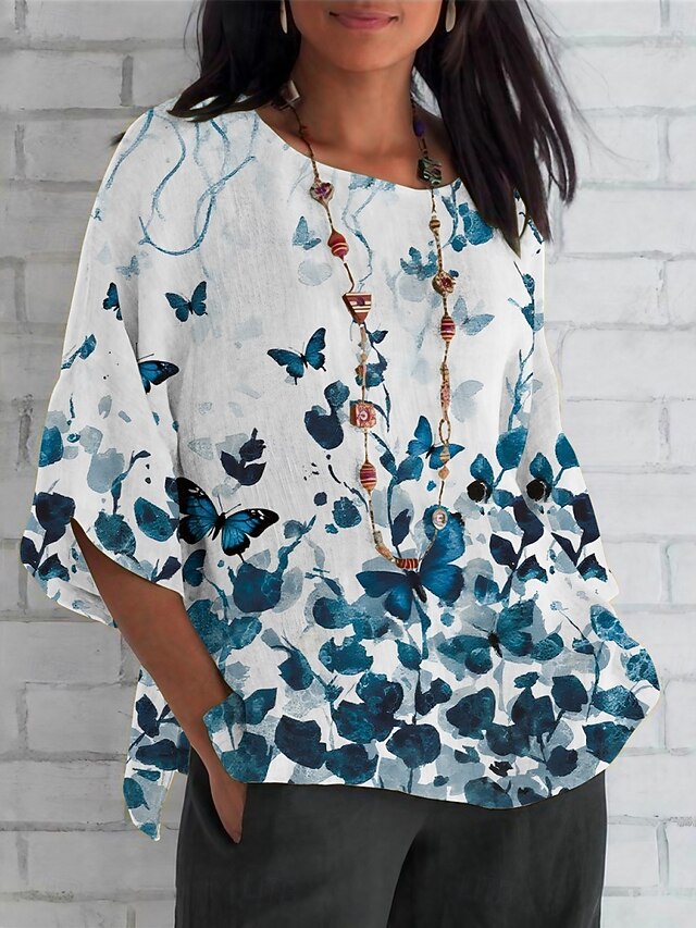 Women's Shirt Butterfly Daily Casual 3/4 Length Sleeve Crew Neck Regular Tops Daily Holiday Print Black White Summer Spring Fall4