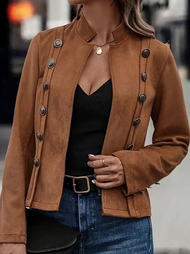 Γυναικεία Casual Jacket Άνετο Κουμπιά Ενεργό Καθημερινό Σκέτο ΕΞΩΤΕΡΙΚΟΥ ΧΩΡΟΥ Δρόμος Αργίες Καθημερινά Ρούχα Σταυρωτό Κανονικό Όρθιος Γιακάς Κανονικό Μακρυμάνικο Εξωτερικά ενδύματα Μαύρο Καφέ