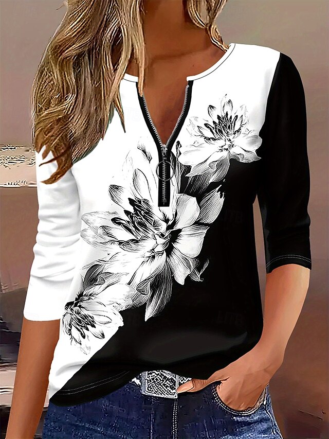 Women's T Shirt Floral Graphic Plants Elegant Vintage Stylish Long Sleeve Round Neck Notched Neck Regular Tops Daily Weekend Zipper Print Black and White Spring Fall Winter4