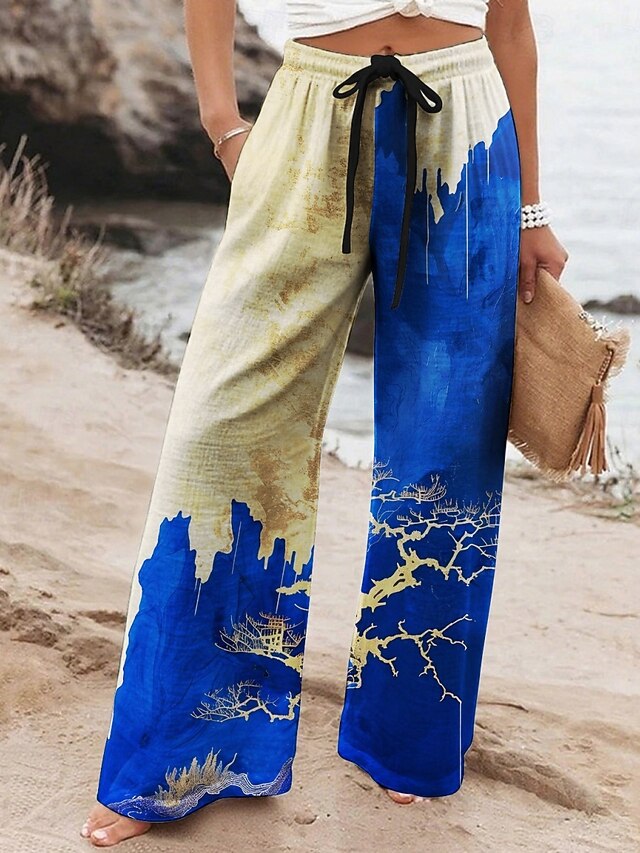 Women's Wide Leg Pants Trousers Vacation Casual Long High Waist Graphic Prints Elastic Waist Printing High Cut Breathability Soft Micro-elastic Vacation Street Daily Wear Blue Spring Fall Regular Fit4