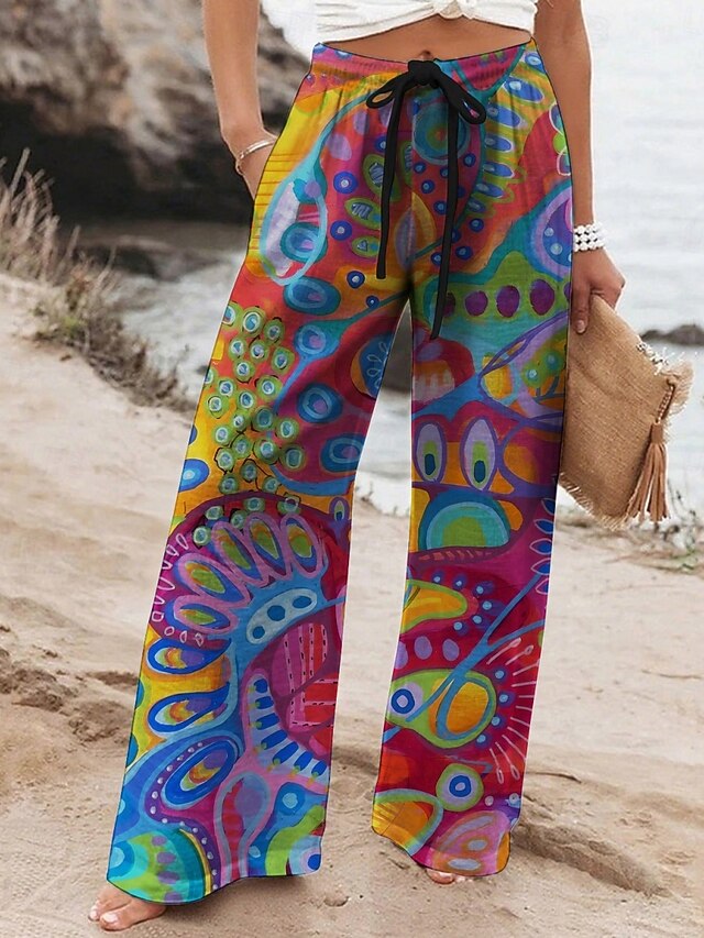 Women's Wide Leg Pants Trousers Vacation Casual Long High Waist Peacock Elastic Waist Printing High Cut Breathability Soft Micro-elastic Vacation Street Daily Wear Rainbow Spring Fall Regular Fit4