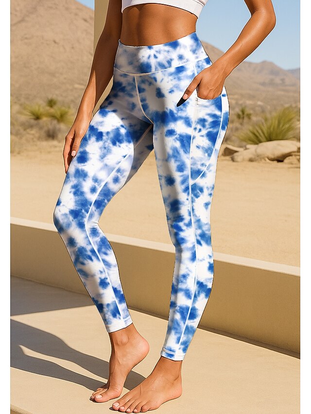 Women's Unisex pilates leggings fitness pants Gym Leggings Pockets Stamp Duty Side Pockets Pilates Gym Gym Workout Pants Tights Leggings Graphic Tie Dye Abstract Blue and White Sports Activewear4