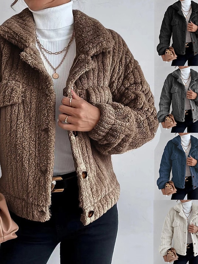  Dame Vinterfrakk Fleece-jakke Hold Varm Bekvem Lomme Knapper Mote عادي Ut på byen Helg Enkeltkneppet Normal Aftæpning Normal Langermet Yttertøy Svart Brun Mørkegrå Vinter