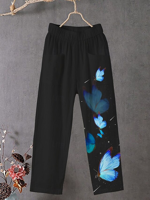 Women's Chinos Pants Trousers Streetwear Casual Full Length High Waist Butterfly Elastic Waist Print Breathability Comfortable Stretchy Vacation Street Daily Wear Black Summer Spring Fall Regular Fit4