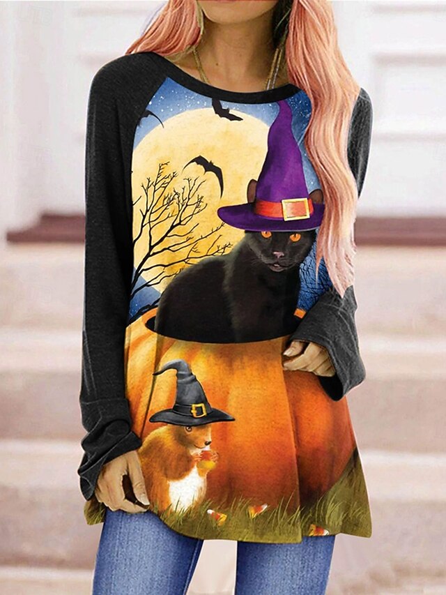 Halloween Women's T shirt Witch Graphic Animal Pumpkin Vintage Stylish Classic Long Sleeve Crew Neck Round Neck Regular Tops Daily Print Black Purple Orange Spring Fall4