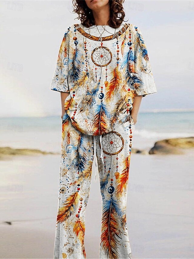 Women's Bohemia Vacation Pants Sets 3/4 Length Sleeve Crew Neck Graphic Print Vacation Daily Holiday Khaki Summer Regular Fit4