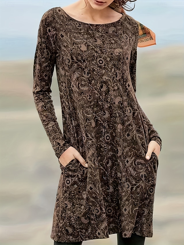  Damen Knielanges Kleid Freizeitkleid T-Shirt-Kleid A Linie Kleid Urlaub Lässig Date Normale Passform Blumen Grafik Paisley-Muster Langarm Rundhalsausschnitt Blau Braun Grün Frühling Herbst Winter