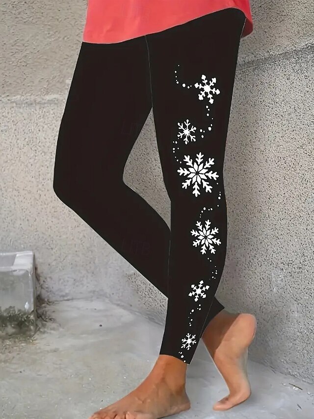 Women's Pants Trousers Leggings Cozy Leggings Streetwear Casual Full Length High Waist Snowflake Elastic Waist Print Breathability Comfortable Stretchy Vacation Street Daily Wear Black Spring Fall4